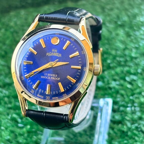 Vintage Roamer Rare 1970s Blue Dial Men's Wrist Watch - New Old Stock Condition - Picture 1 of 7